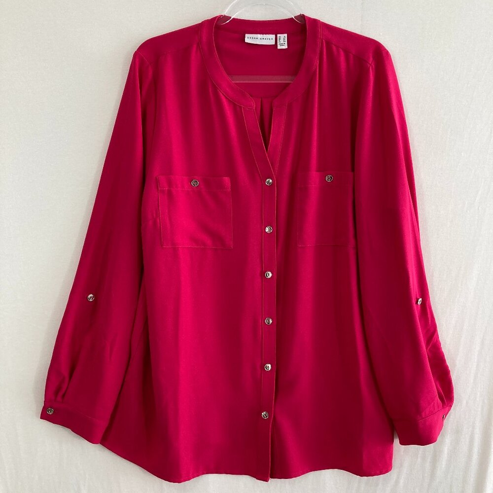 Susan‎ Graver size 16 Pink Split Neck Long Sleeve Button Down Office Career